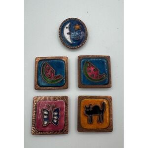 Vintage Artisan Enamel On Copper Square Previously Brooch Pin Moon Cat Fruit